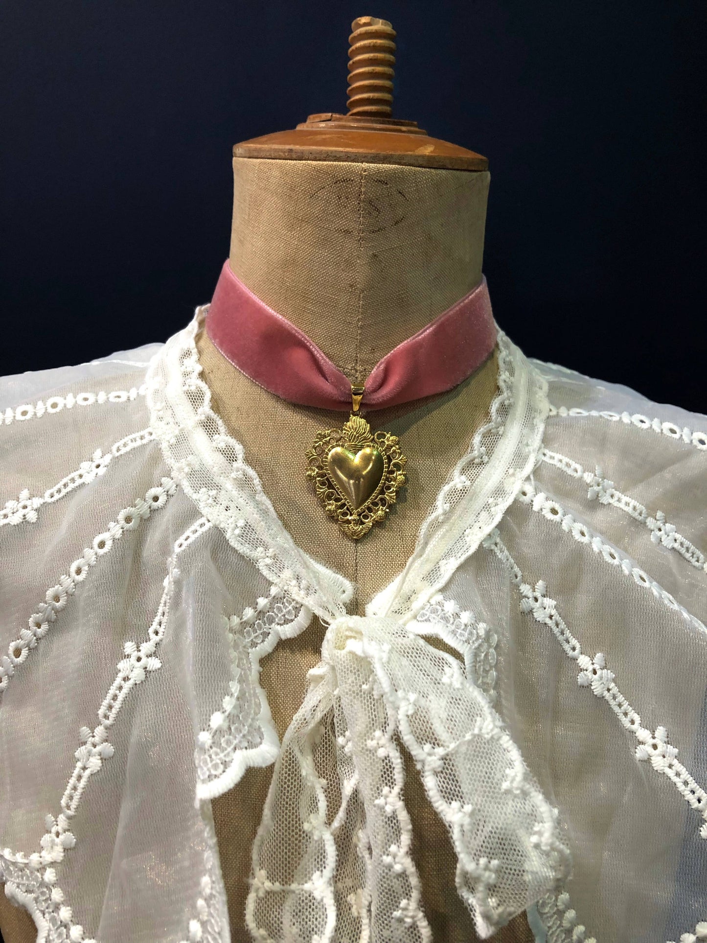 Sacred Heart on Pink Velvet Ribbon, Stainless Steel, Gold Plated