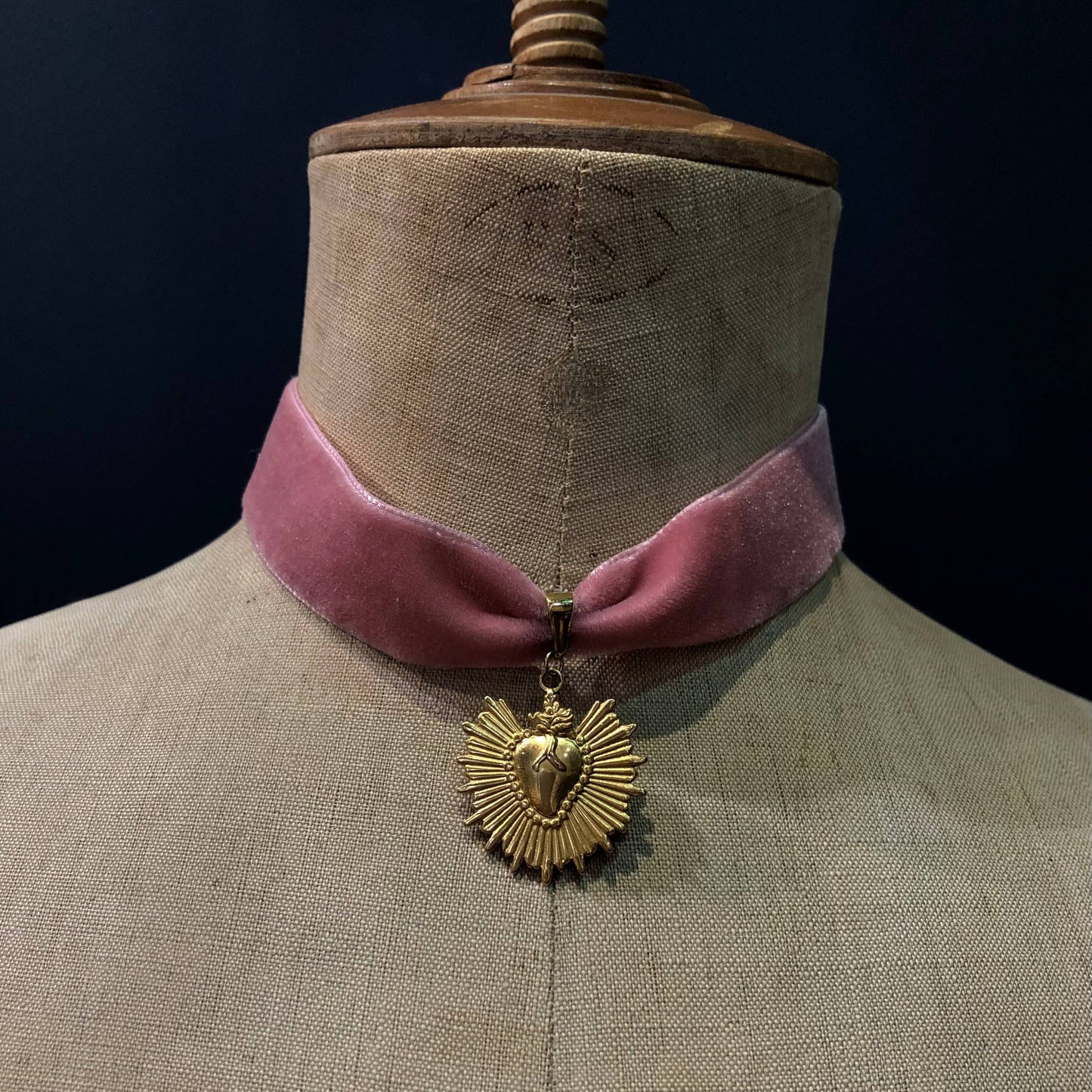 Ex-Voto Sacred Heart Choker on Pink Velvet Ribbon, Stainless Steel, Gold Plated