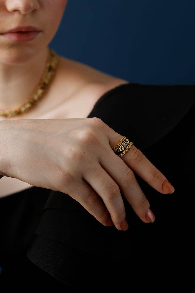 Black Enamel & Filigree Ring