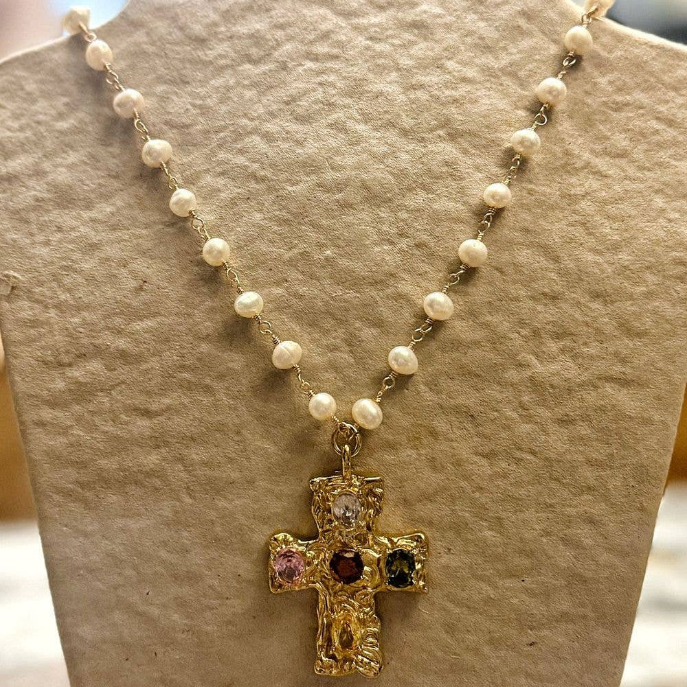 Baroque Cross Pendant with Multicoloured Gemstones with Freshwater Pearl Chain, Gold Plated