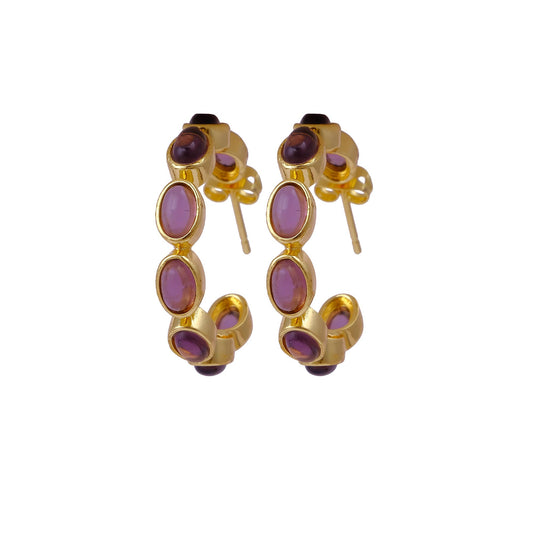 Amethyst Quartz Oval Stud Handmade Hoop Earrings