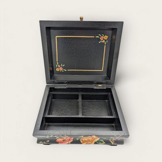 Handpainted Black Folk Art Wooden Jewellery Box image 1