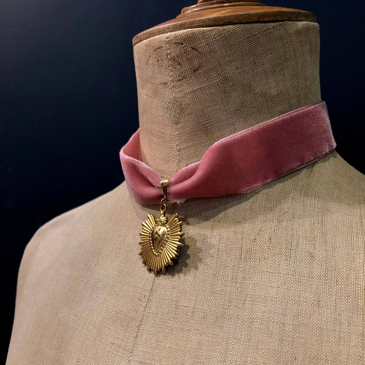 Ex-Voto Sacred Heart Choker on Pink Velvet Ribbon, Stainless Steel, Gold Plated