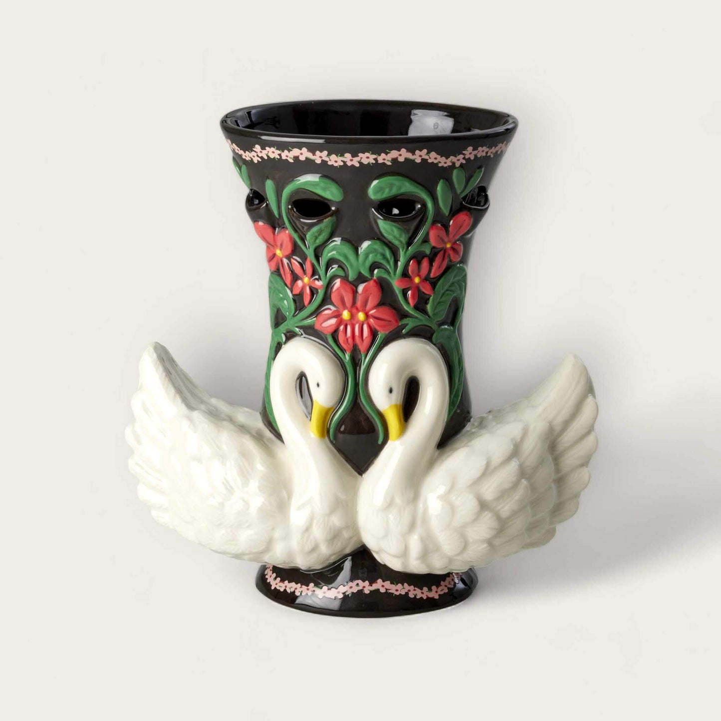 Folk Art Ceramic Floral Swan Vase image 0