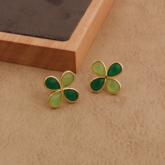 Green Onyx & Prehnite Stud Gemstone Clover Handmade Earrings