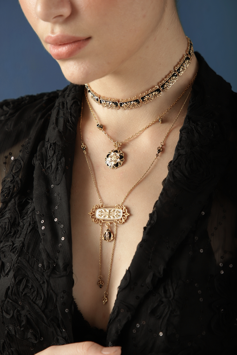 Baroque Black Enamel, 18k Gold Plated with Crystals Filigree Choker
