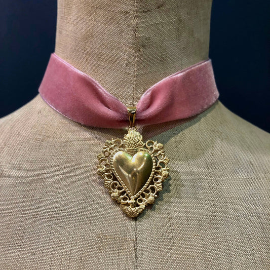 Sacred Heart on Pink Velvet Ribbon, Stainless Steel, Gold Plated