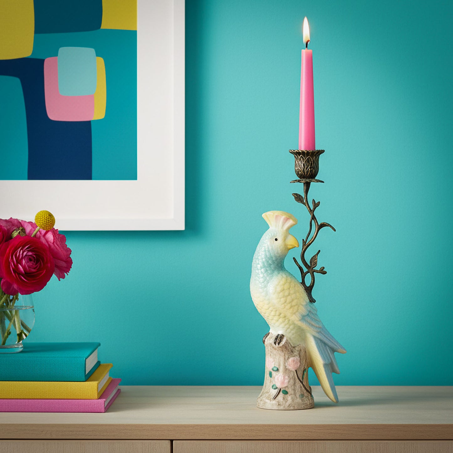 Exotic Bird Ceramic Candle Holder with Ornate Branch Detail