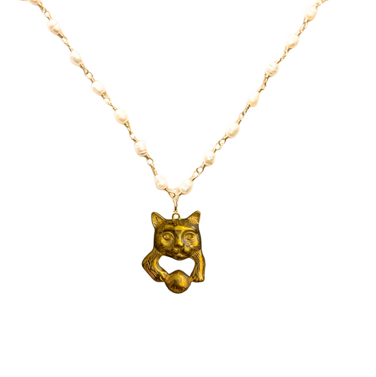 Cat Pendant Necklace with Freshwater Pearls Chain, Stainless Steel, 18ct Gold Plated