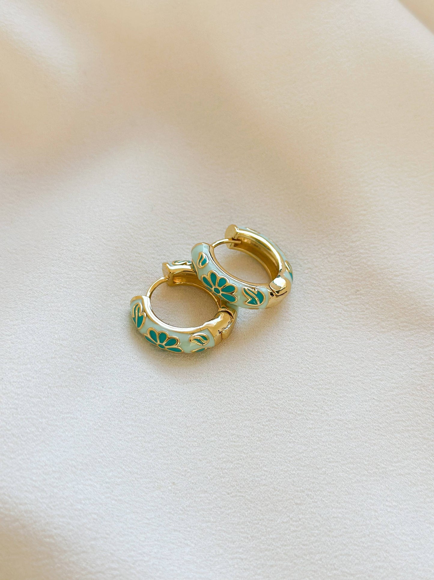 18k Gold Plated Mint Floral Enamel Hoop Earrings