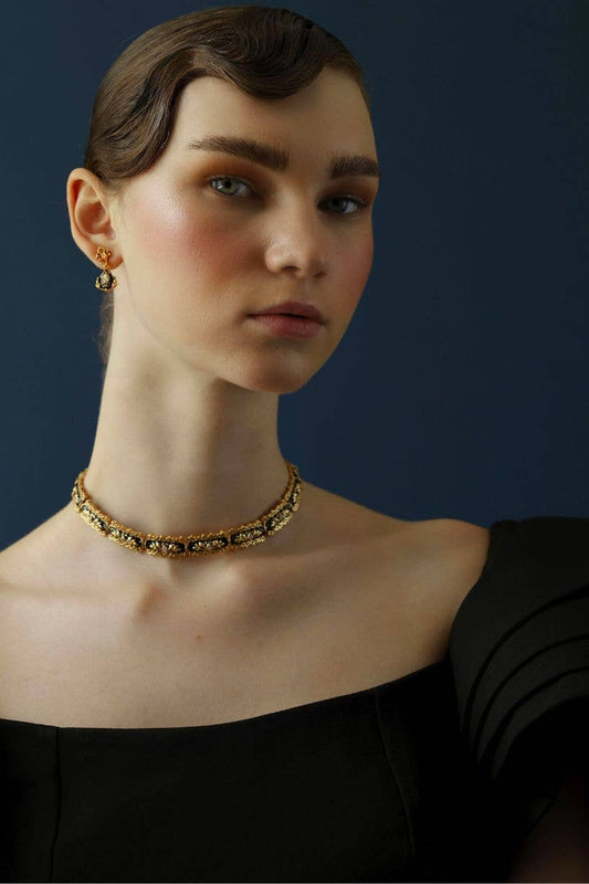 Baroque Black Enamel, 18k Gold Plated with Crystals Filigree Choker