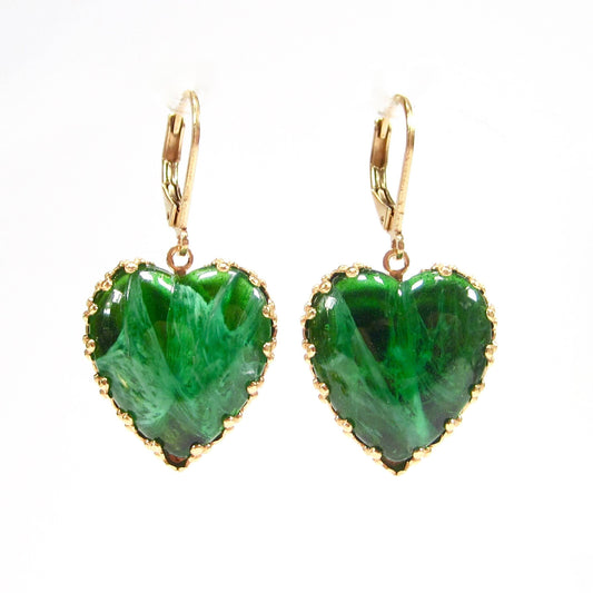 Vintage Heart Dangle Earrings, Bohemia Green Glass - 60s style