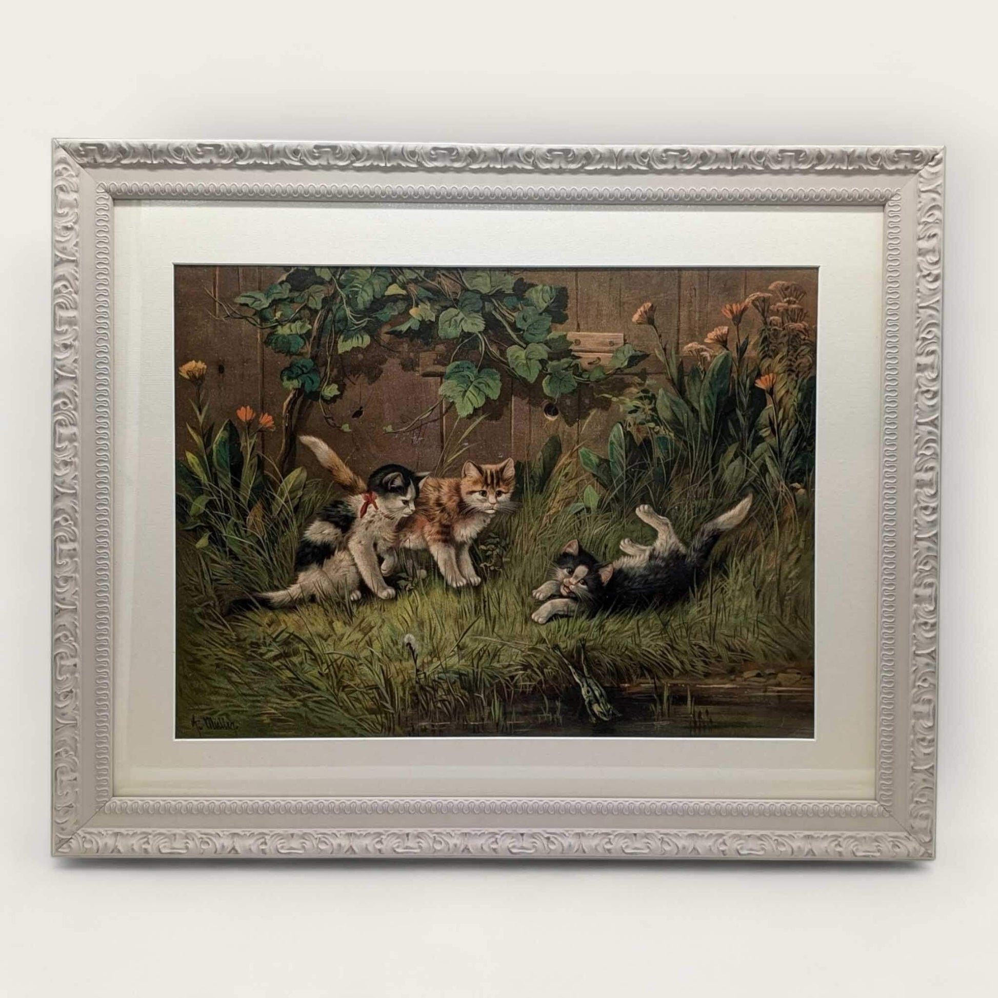 Framed Vintage Victorian Playing Cats Chromolithograph image 0