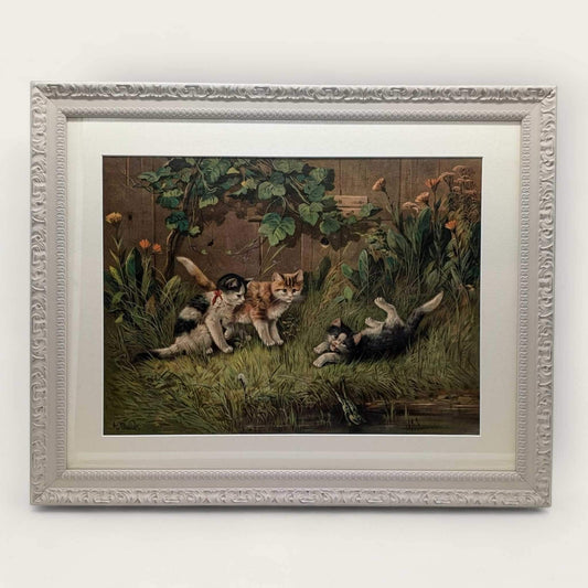 Framed Vintage Victorian Playing Cats Chromolithograph image 0