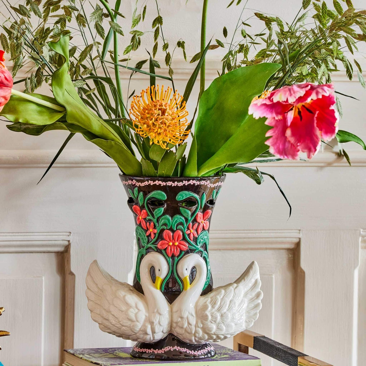 Folk Art Ceramic Floral Swan Vase image 2