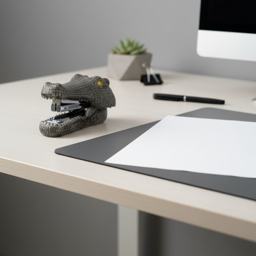 crocodile shaped stapler on a desk with office supplies