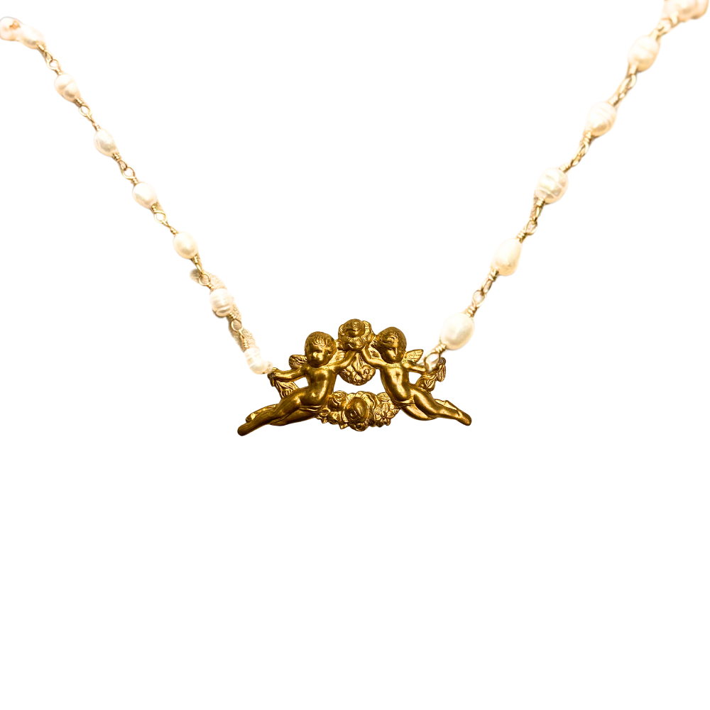 Cherubs with Flowers Pendant Necklace with Freshwater Pearls Chain, Stainless Steel, 18k Gold Plated