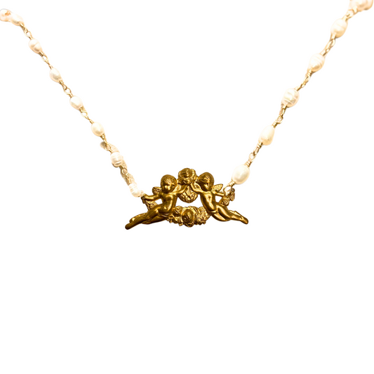 Cherubs with Flowers Pendant Necklace with Freshwater Pearls Chain, Stainless Steel, 18k Gold Plated