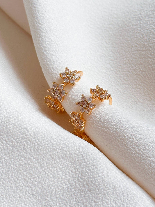 18k Gold Plated Cubic Zirconia Flower Encrusted Huggie Earrings