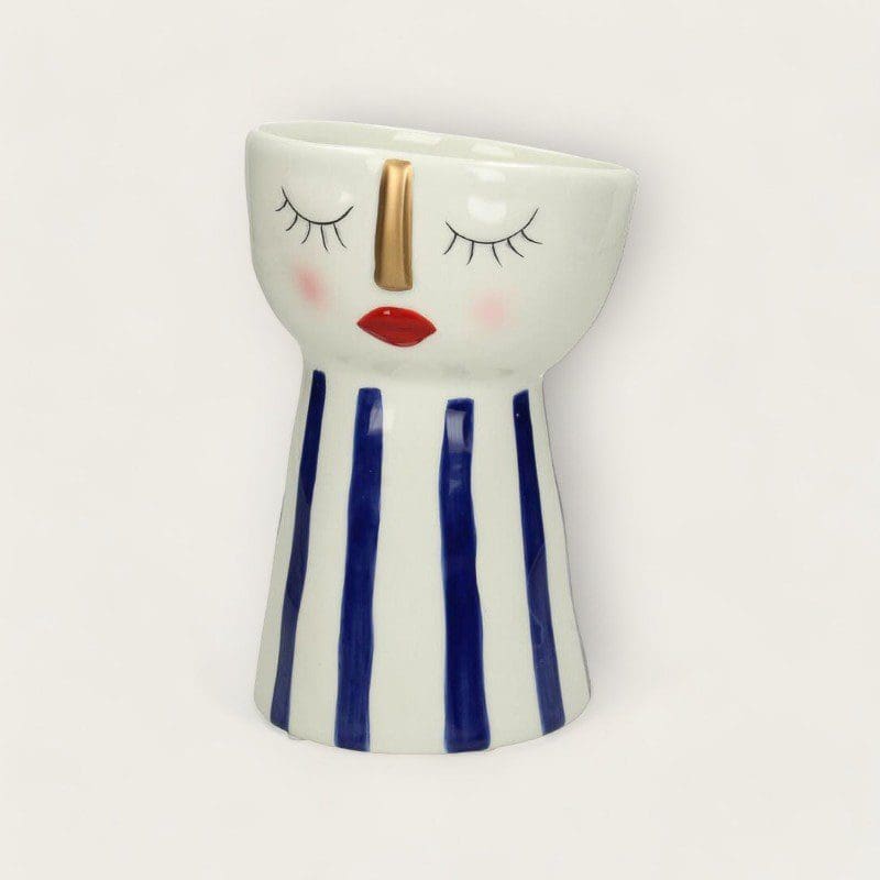 Quirky Face Blue Striped Vase image 0