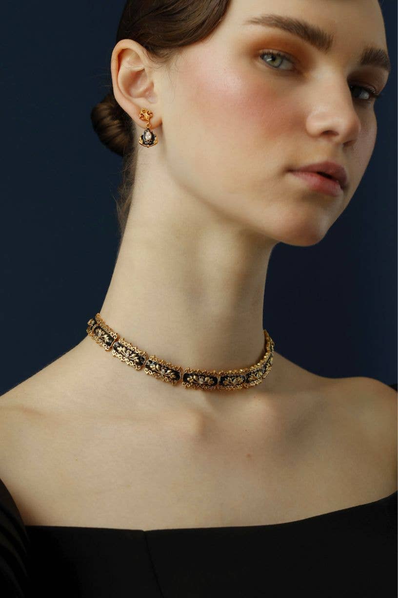 Baroque Black Enamel, 18k Gold Plated with Crystals Filigree Choker