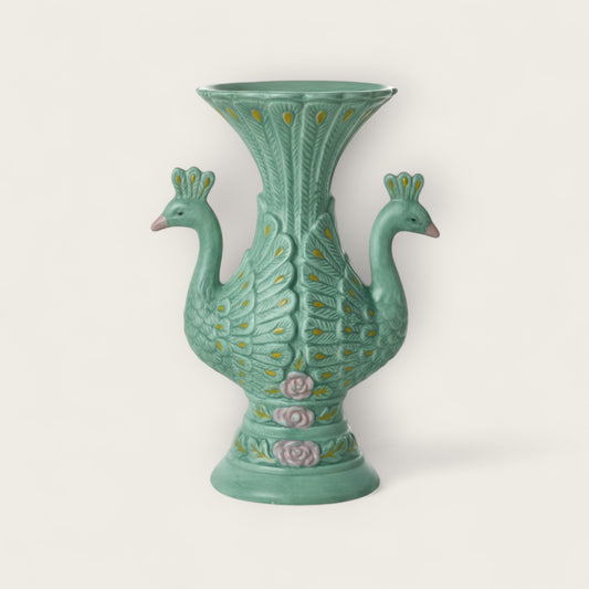 Hand-Painted RICE Ceramic Peacock Vase