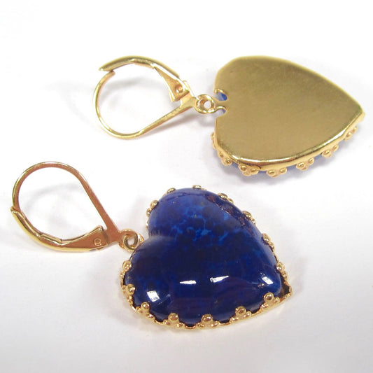 Vintage Heart Dangle Earrings, Royal Blue Lapis Glass - 60s style