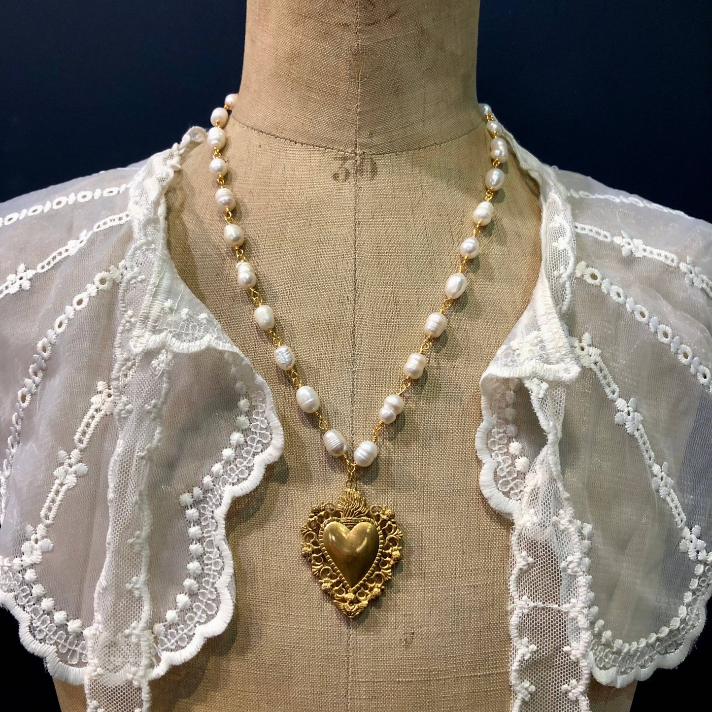 Sacred Heart Pendant Necklace with Freshwater Pearl Chain, Stainless Steel, Gold Plated