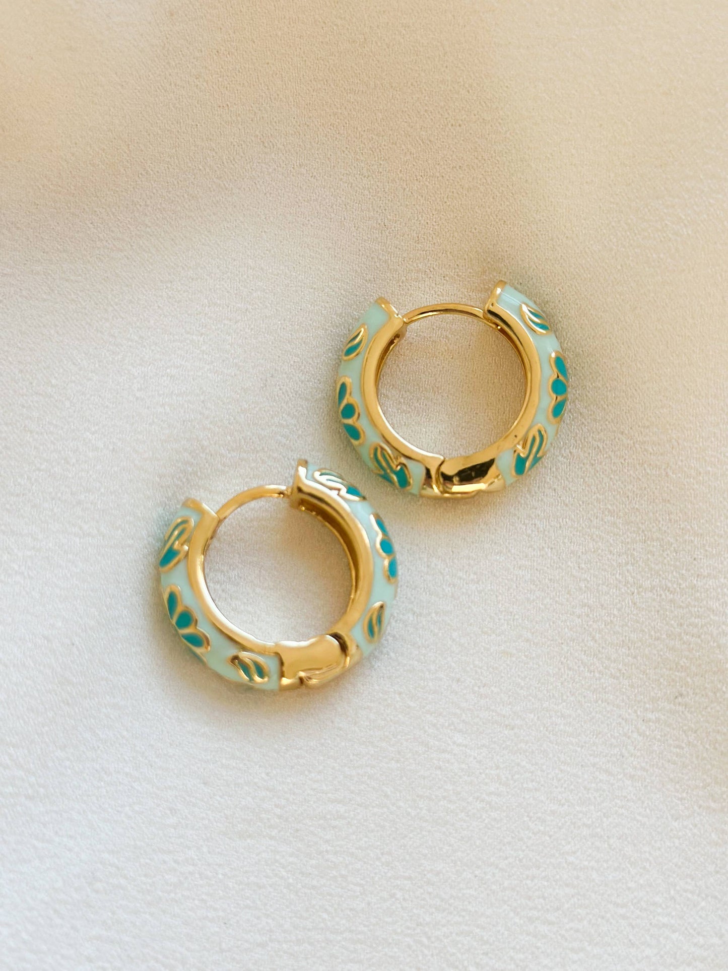 18k Gold Plated Mint Floral Enamel Hoop Earrings