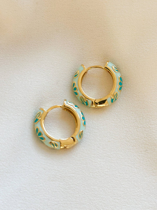 18k Gold Plated Mint Floral Enamel Hoop Earrings