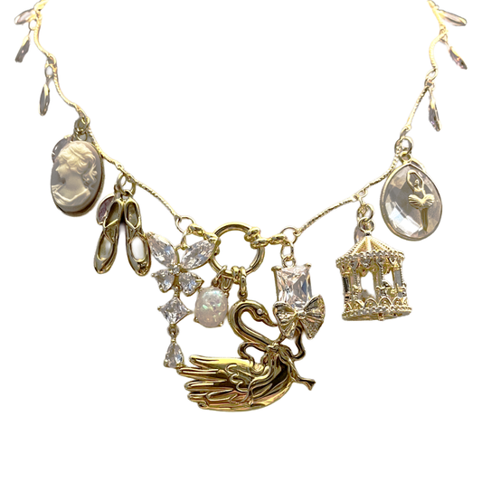 Multiple Pendant Charms Necklace, Stainless Steel, Gold Plated