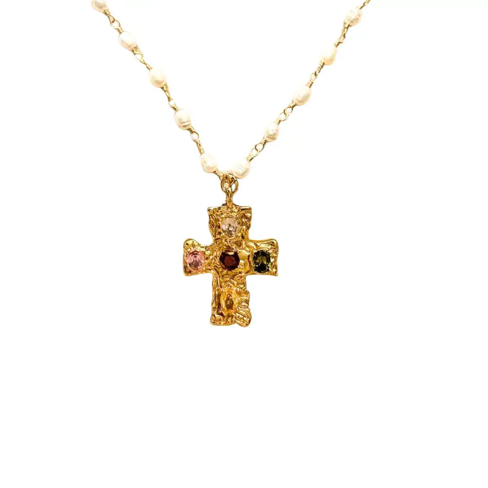 Baroque Cross Pendant with Multicoloured Gemstones with Freshwater Pearl Chain, Gold Plated