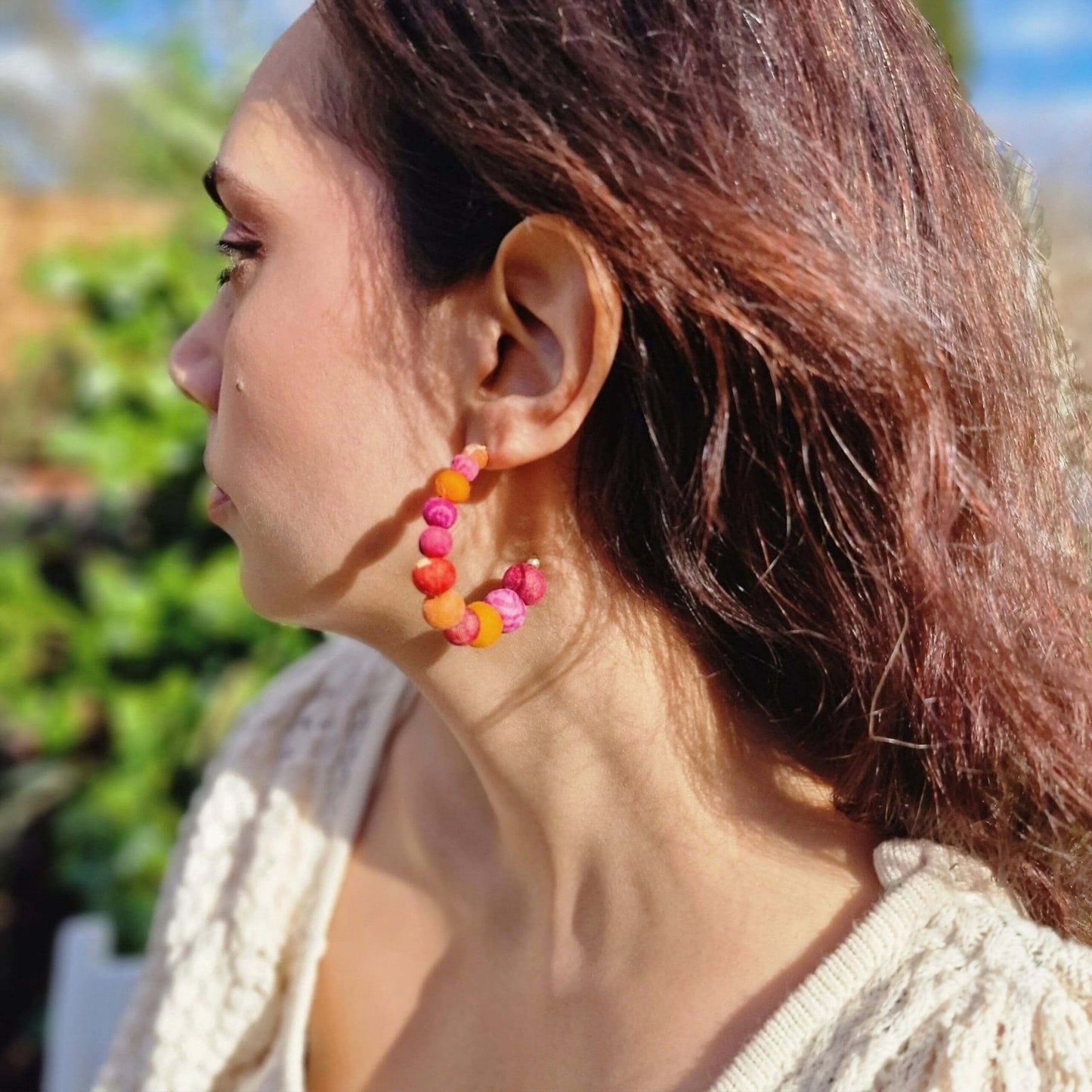 Vibrant Fabric Bead Open Hoop Earrings image 2