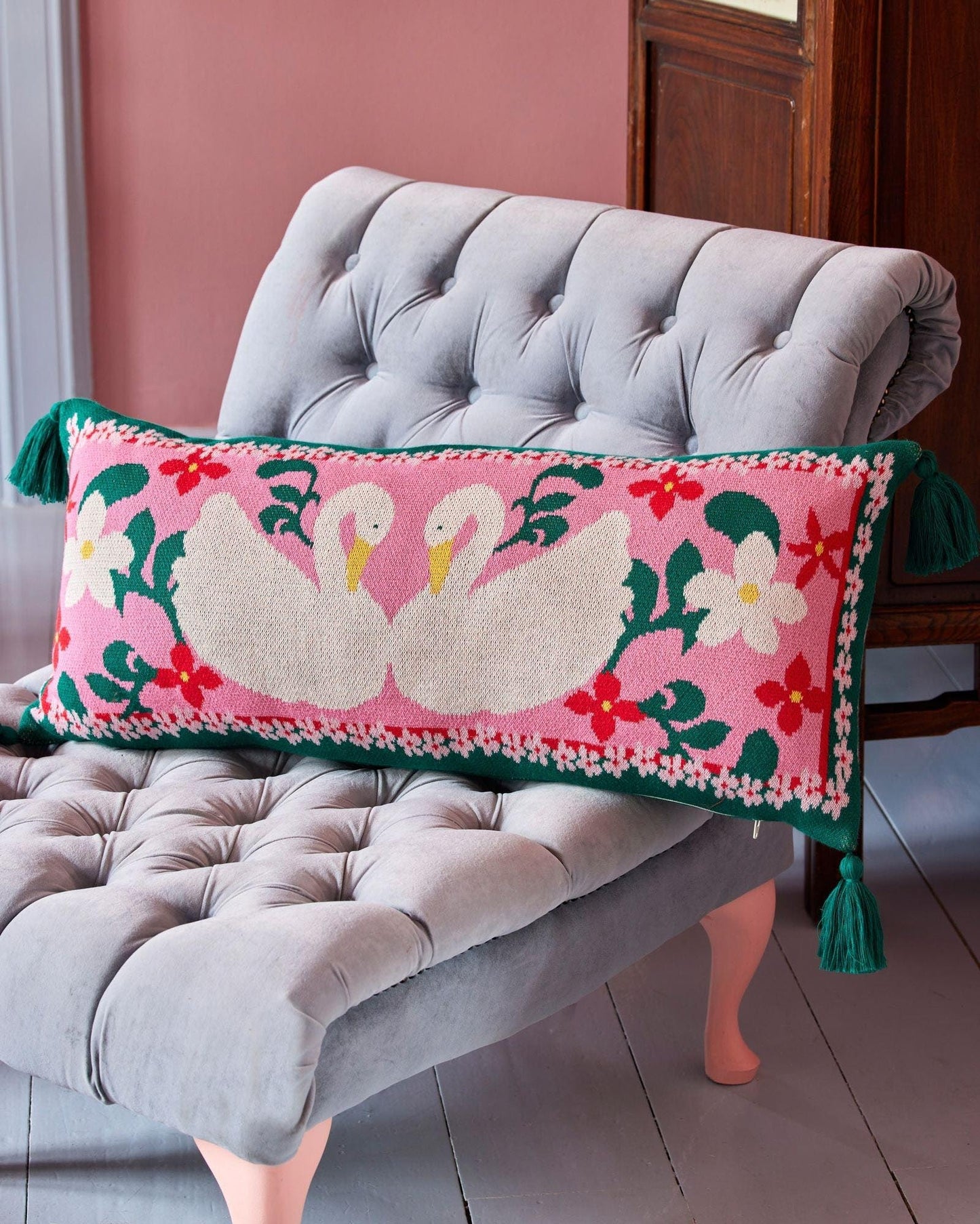 Large Swan Patterned Rectangular Cotton Cushion image 1