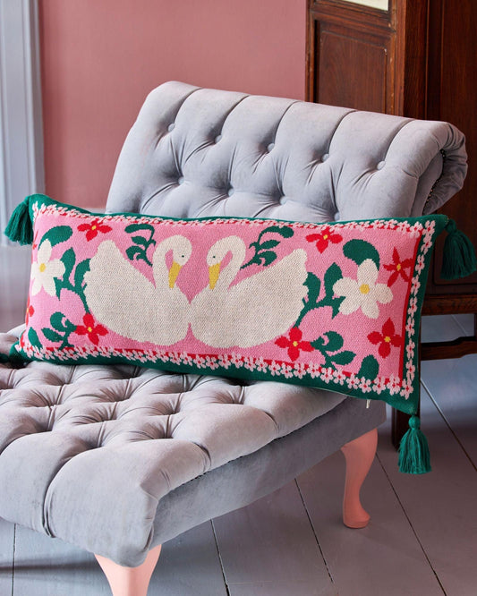 Large Swan Patterned Rectangular Cotton Cushion image 1