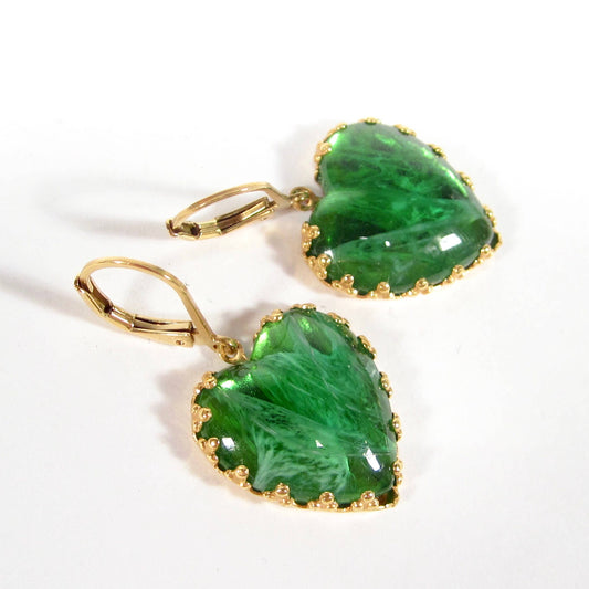 Vintage Heart Dangle Earrings, Bohemia Green Glass - 60s style