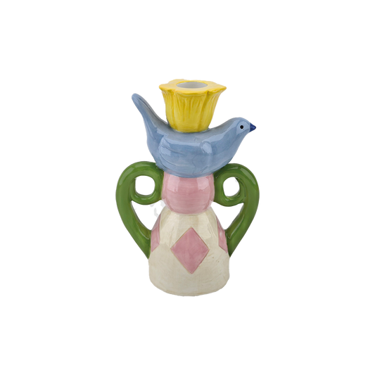 Whimsical Blue Bird Folk Art Style Candle Holder