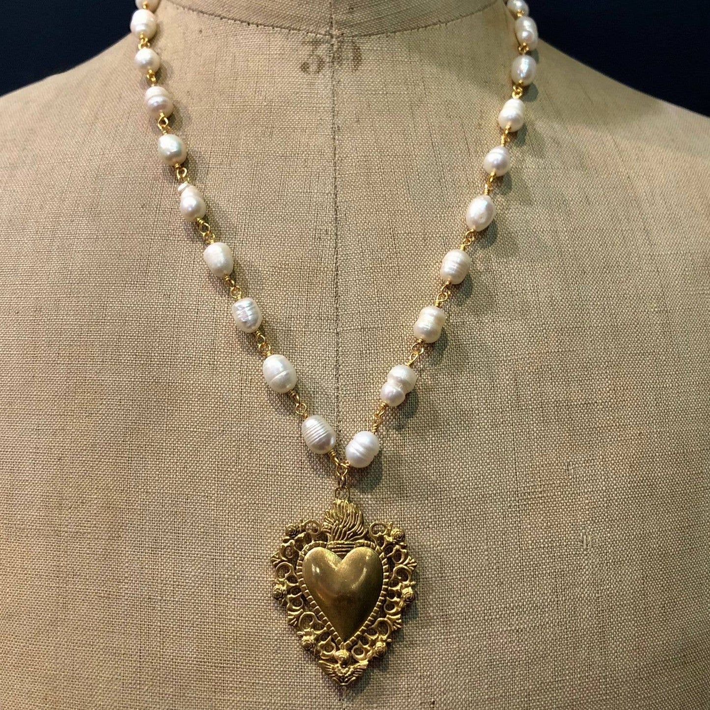 Sacred Heart Pendant Necklace with Freshwater Pearl Chain, Stainless Steel, Gold Plated