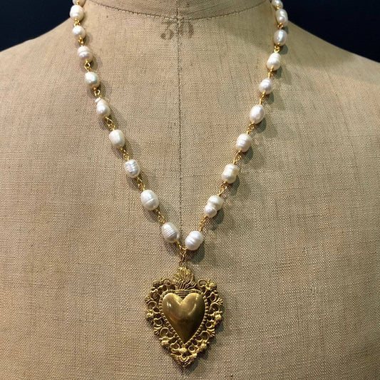 Sacred Heart Pendant Necklace with Freshwater Pearl Chain, Stainless Steel, Gold Plated