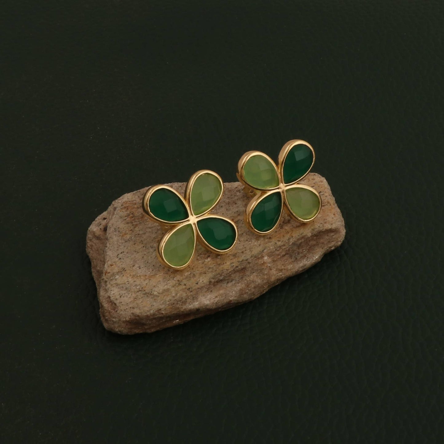 Green Onyx & Prehnite Stud Gemstone Clover Handmade Earrings