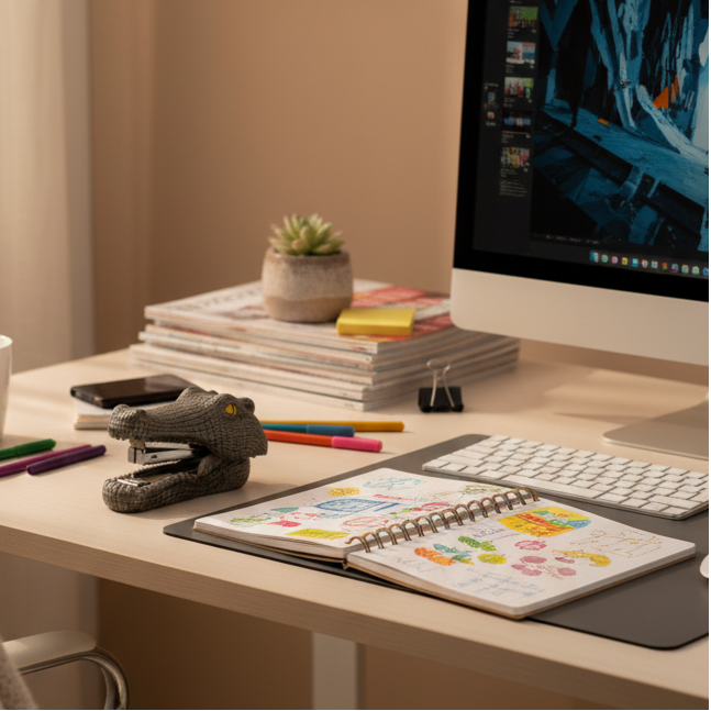 Home office desk with computer, stationery, and decor in a cozy room.