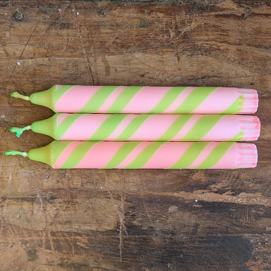 Helter Skelter Taper Candle - Pink/Lime double stripe