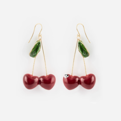 Nach Long Pendant Porcelain Cherry Chérie Earrings, Handmade, Hand Painted