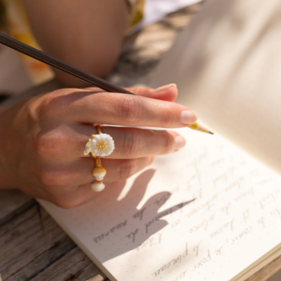 Nach Handmade Parakeet on White Dandelion Adjustable Ring