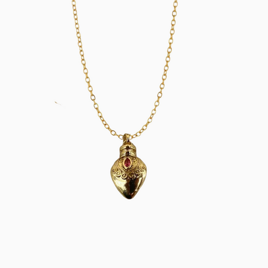 Gold Plated Pendant Necklace with Red Crystal, Gold Plated Brass Chain