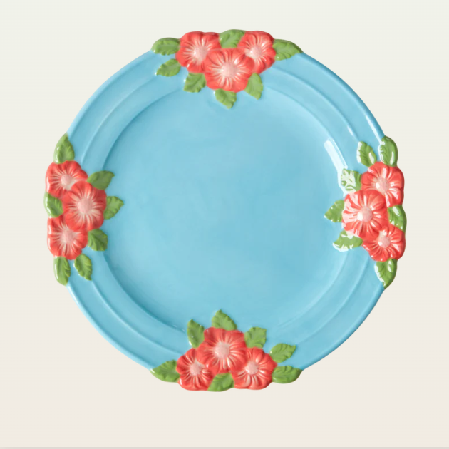 Ceramic Embossed Flower Soft Blue Dinner Plate