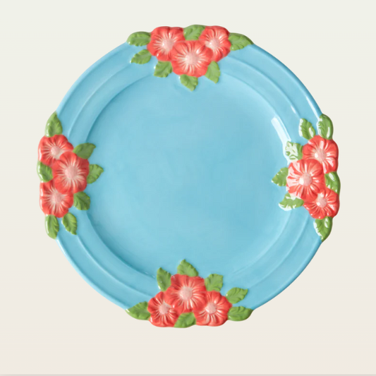 Ceramic Embossed Flower Soft Blue Dinner Plate
