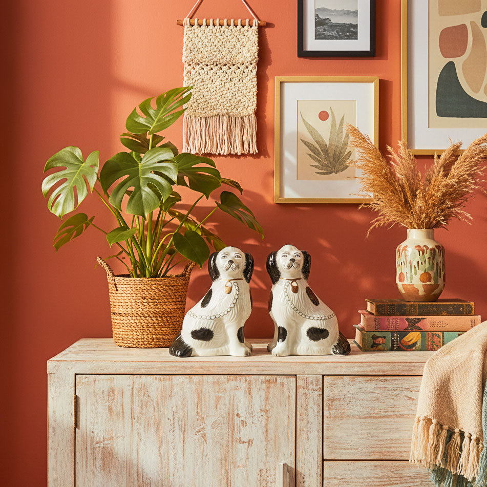 Set of Two Porcelain Sitting Staffordshire Dog Ornaments