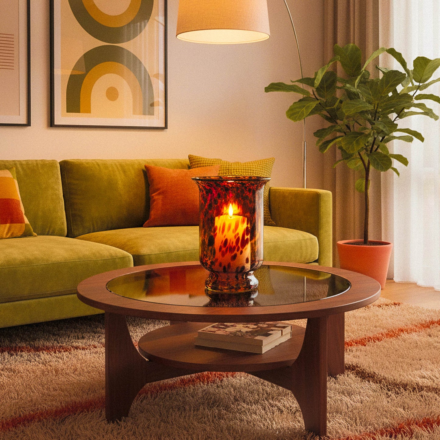 Large Black and Amber Tortoise Shell Hurricane Glass Vase