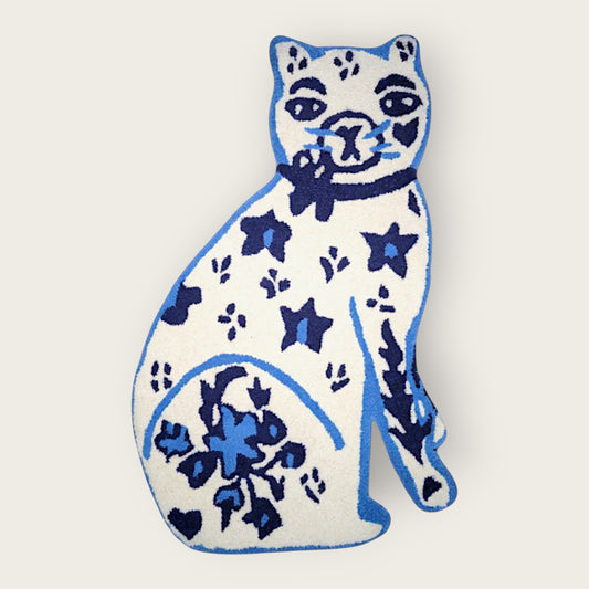 Large Blue and White Cat Wool Rug, Hand Tufted